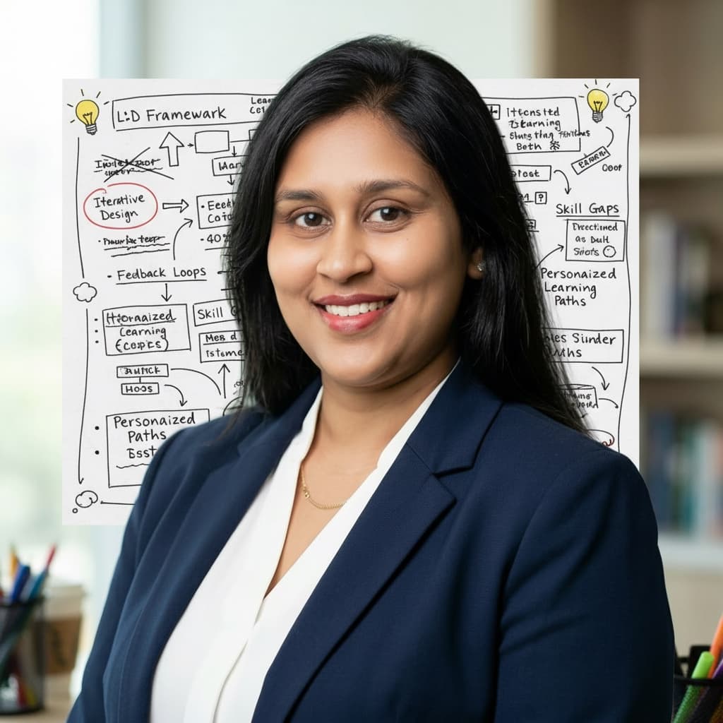 Vishnu Priya with a shipped L&D framework whiteboard