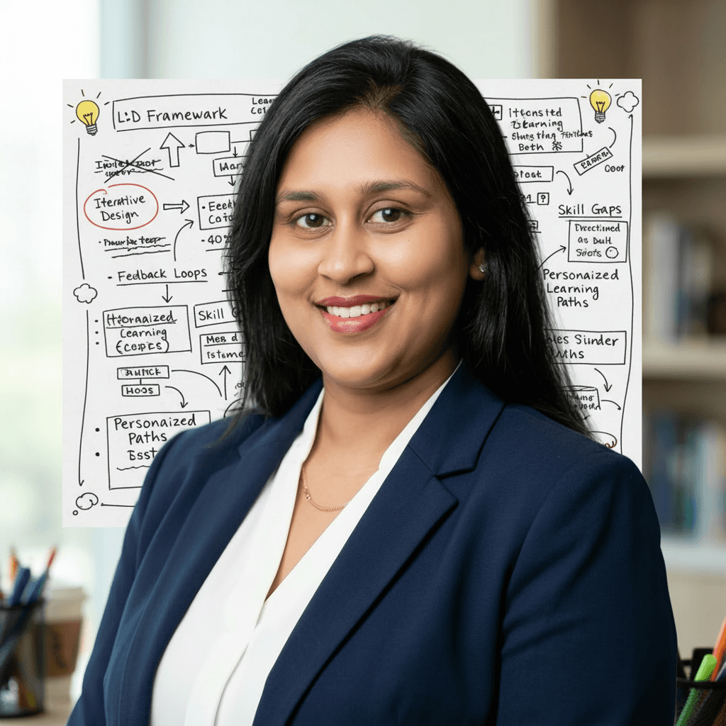 Vishnu Priya with a shipped L&D framework whiteboard