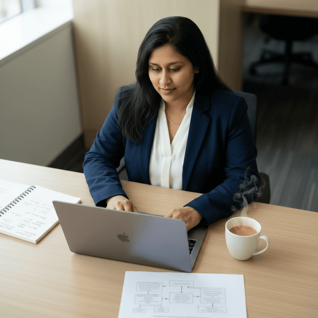 Vishnu Priya at her desk with framework notes